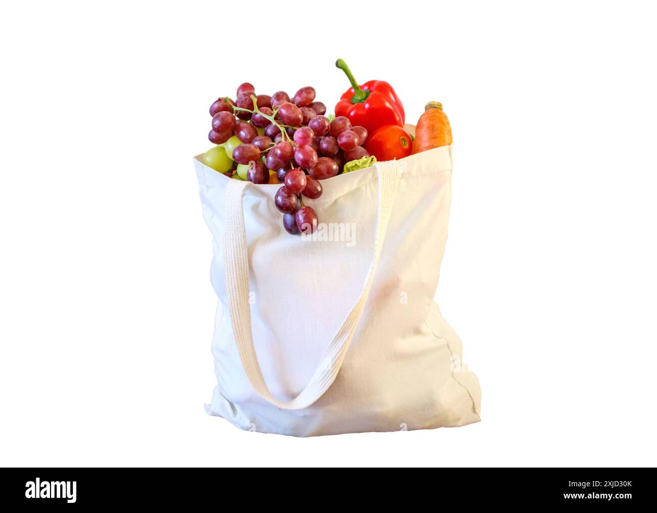 Lebensmittelprodukt für frisches Obst und Gemüse in wiederverwendbarer Einkaufstasche isoliert auf weißem Hintergrund mit Schneidepfad Stockfoto