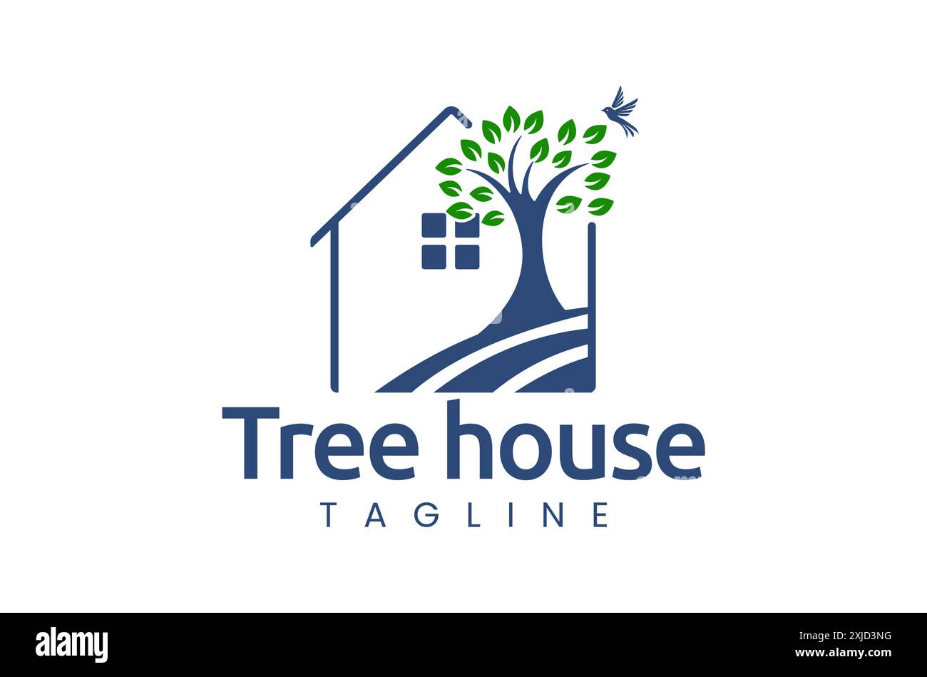 Baumhaus Illustration Logo mit grünen Bäumen und Vögeln geeignet für umweltfreundliche und naturnahe Unternehmen Stock Vektor