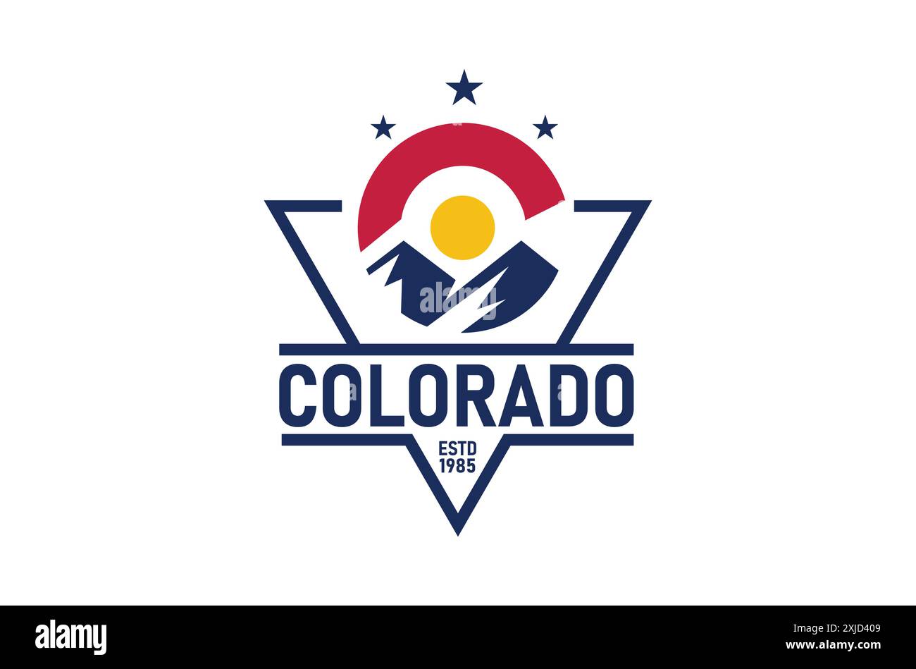 Colorado-Logo mit Berg und Sonne und legendäres Logo mit Sternendreieck-Label-Design im Außenbereich Stock Vektor