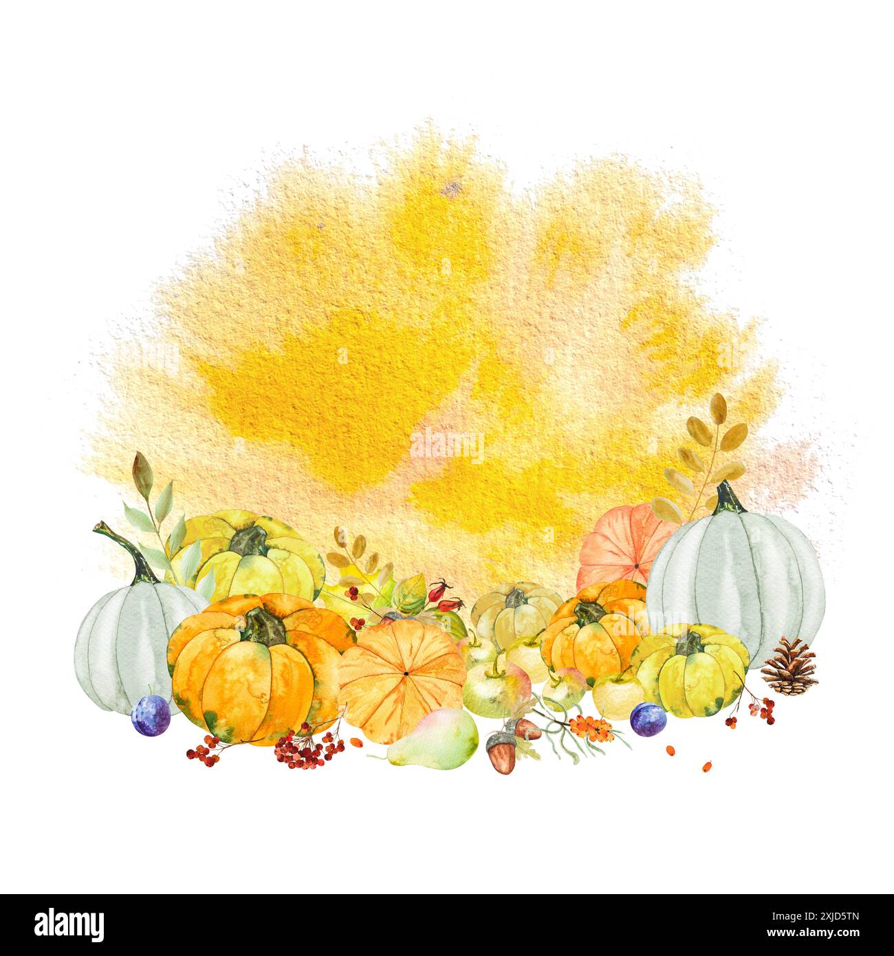 Aquarell Herbstzusammensetzung von Blättern, Beeren, Früchten, Gemüse, Tannenzapfen und Zweigen und Kürbissen. Aquarellabbildung von handgezeichneter Autu Stockfoto