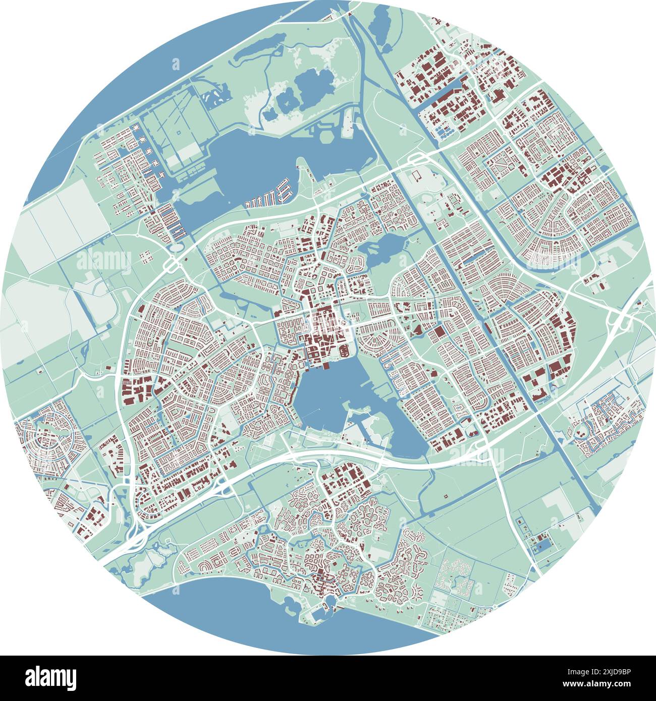 Kreiskarte von Almere, Niederlande. Detaillierte Rundkarte mit Gebäuden, Straßen, Parks. Stadtgebiet. Stock Vektor