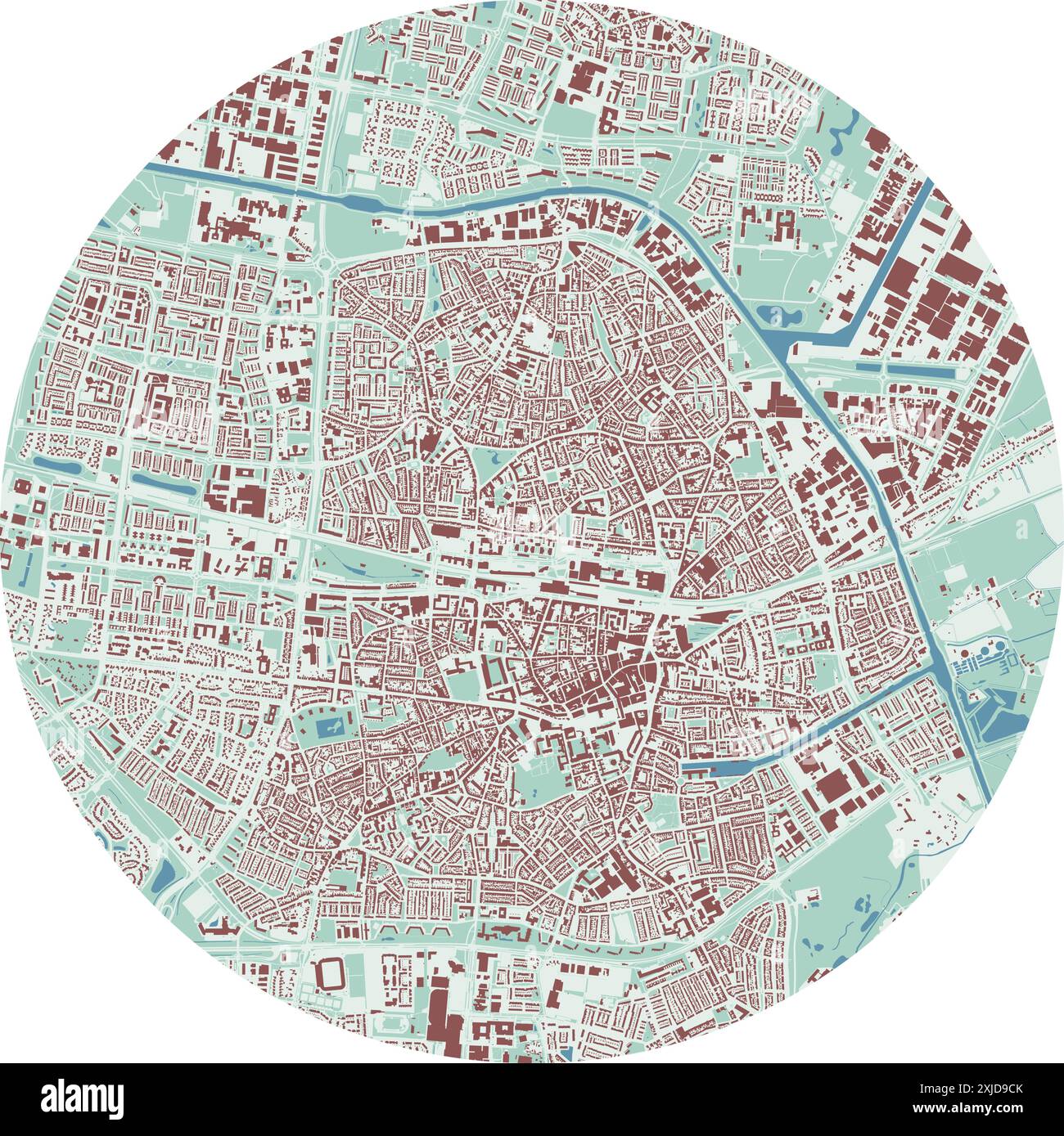 Kreiskarte von Tilburg, Niederlande. Detaillierte Rundkarte mit Gebäuden, Straßen, Parks. Stadtgebiet. Stock Vektor
