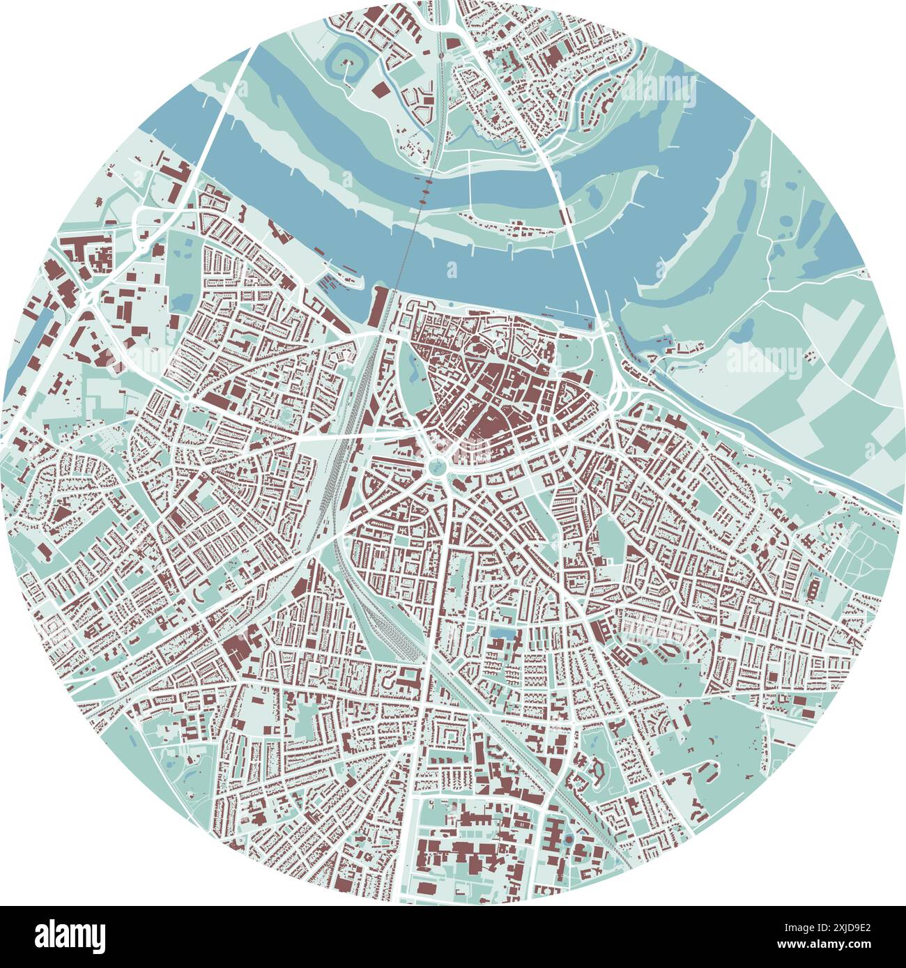 Kreiskarte von Nijmegen, Niederlande. Detaillierte Rundkarte mit Gebäuden, Straßen, Parks. Stadtgebiet. Stock Vektor