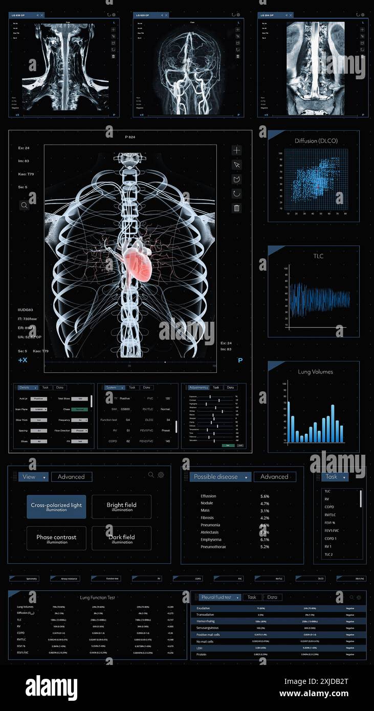 3D Render Vertical Screen: Mobile Health Monitoring Medical Software Interface for Doctors. Smartphone-Anwendung mit Röntgenaufnahmen, MRT von Herz, Gehirn und Wirbelsäule. App Zur Überprüfung Der Vitalparameter Des Patienten Stockfoto