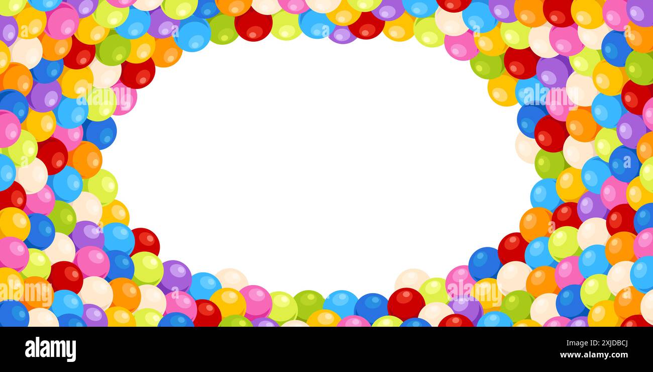 Hintergrund der Zeichentrickbälle. Runder, mehrfarbiger Kaugummi. Elemente des Unterhaltungsbereichs für Kinder. Untergeordnete Grenze. Kunststoffkugeln. Süßigkeiten und Süßigkeiten häuften sich Stock Vektor