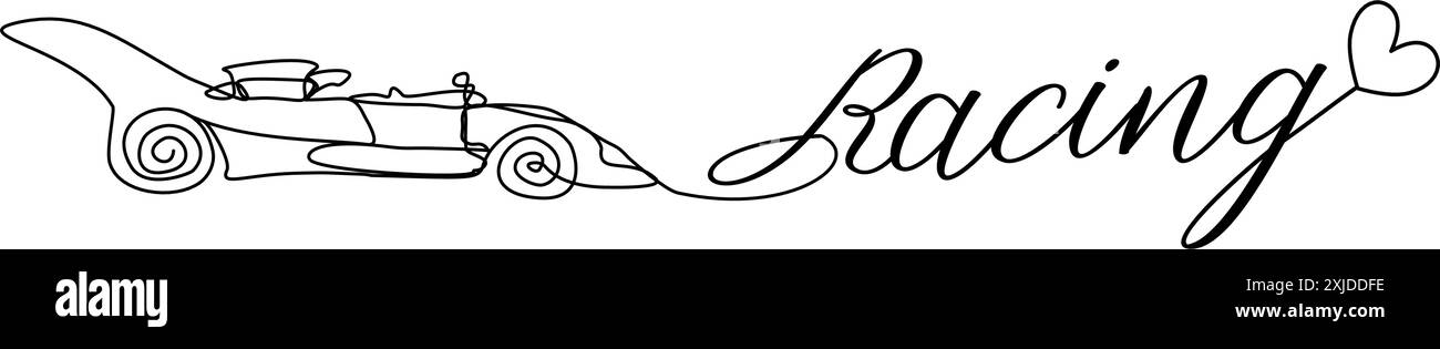 Sportwagen mit durchgehender Linie und geschriebenem Wort Racing und Herz. Autorennen. Linearer Stil, Vektorgrafik Stock Vektor