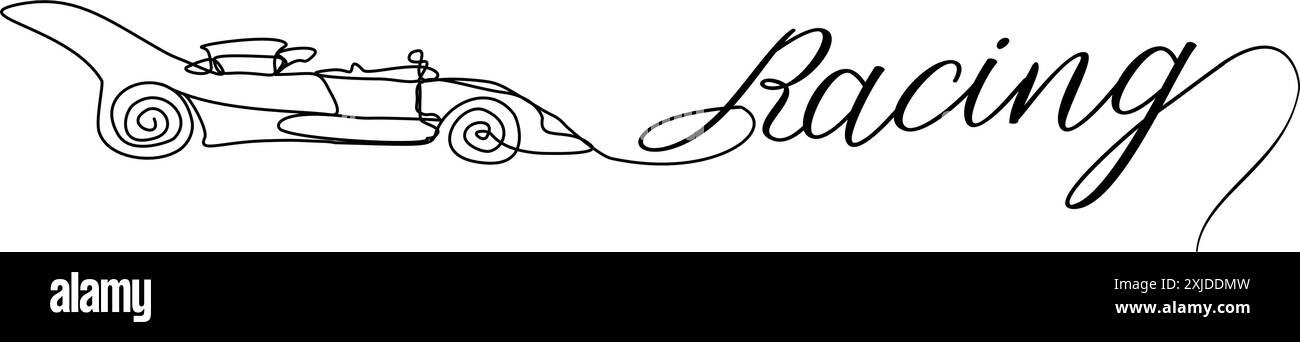 Sportwagen mit durchgehender Linie und geschriebenem Wort Racing und Herz. Autorennen. Linearer Stil, Vektorgrafik Stock Vektor