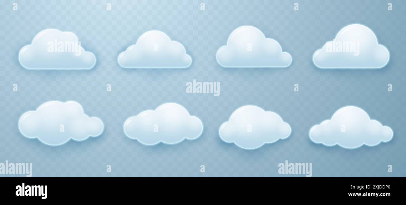 Weiße, flauschige, abgerundete Cumulus-Wolken mit Schatten im 3D-Stil. Vektorabbildung. Stock Vektor