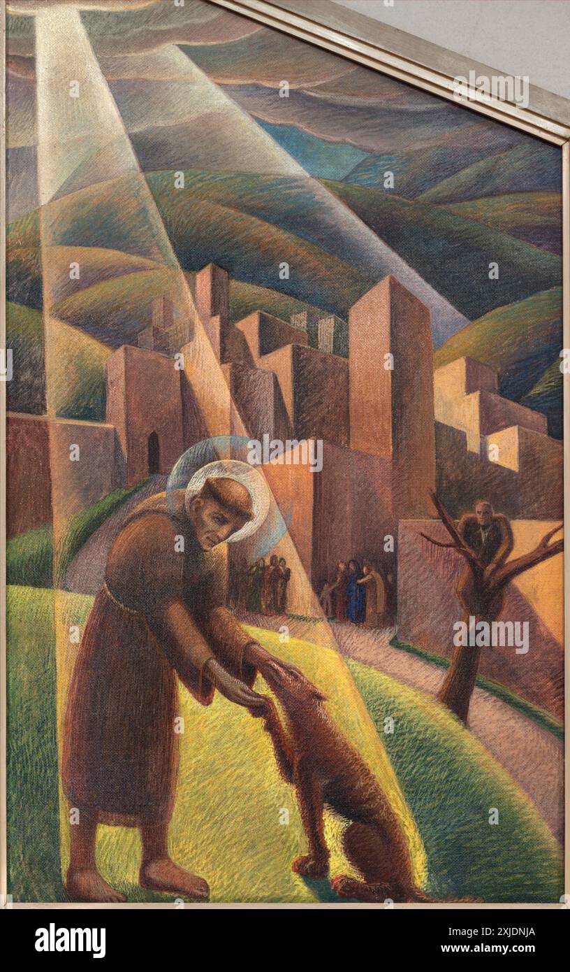 PERUGIA, ITALIEN - 16. MAI 2024: Die moderne Malerei des Wolfs von Gubbio gezähmt von Franz von Assisi (Teil von Tryptichon) Stockfoto