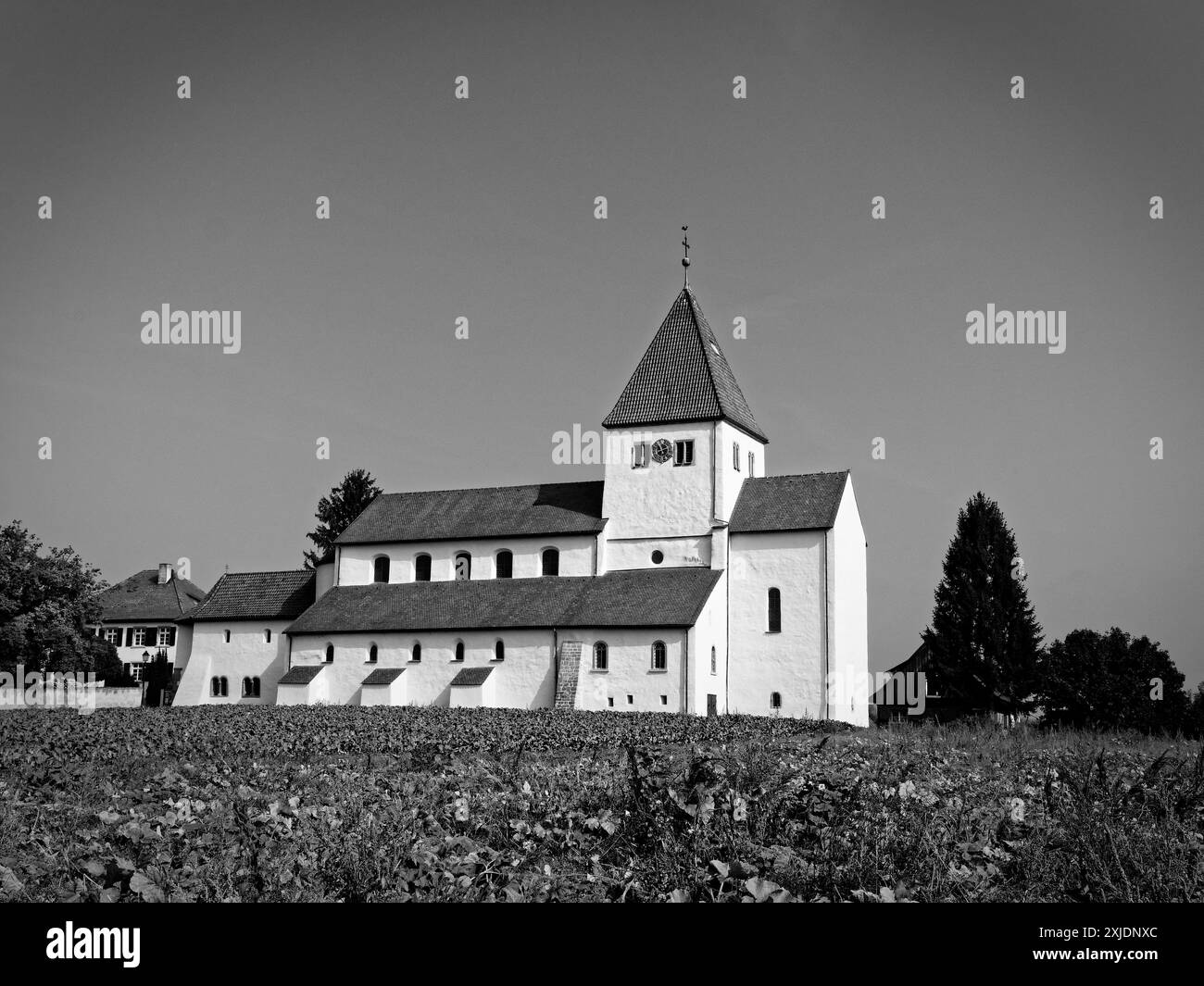 Eine Graustufenaufnahme der historischen St. Georg Kirche (Sankt Georg) mit klarem Himmel im Hintergrund auf der Insel Reichenau Stockfoto