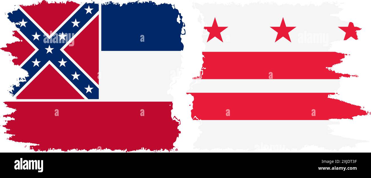 District of Columbia USA - Washington, DC und Mississippi State Grunge Pinsel Flags Verbindung, Vektor Stock Vektor