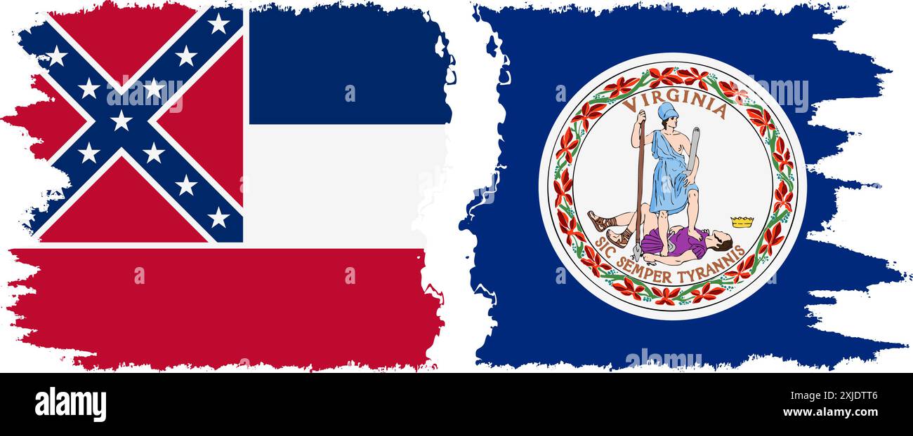 Virginia und Mississippi geben an, dass die Verbindung zwischen Pinselflaggen und Vektor besteht Stock Vektor