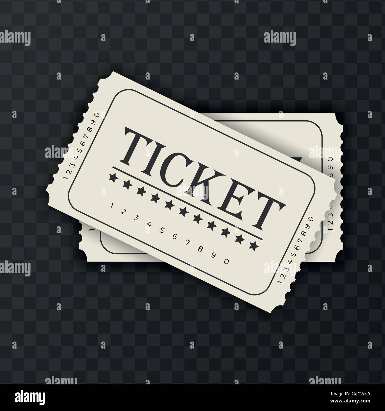 Zwei abstrakte Tickets Vorlage Design isoliert auf dunklem transparentem Hintergrund. Festival, Kino, Theater, Konzert, Casino, Zirkus, Veranstaltungskarte, Vorderseite Stock Vektor
