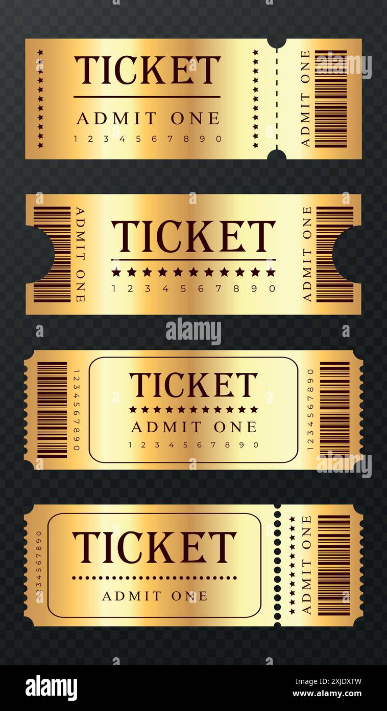 Abstrakte Vorlagen für goldene Tickets auf dunklem, transparentem Hintergrund. Festival, Kino, Theater, Konzert, Casino, Zirkus, Veranstaltung Goldene Tickets mit Barcod Stock Vektor