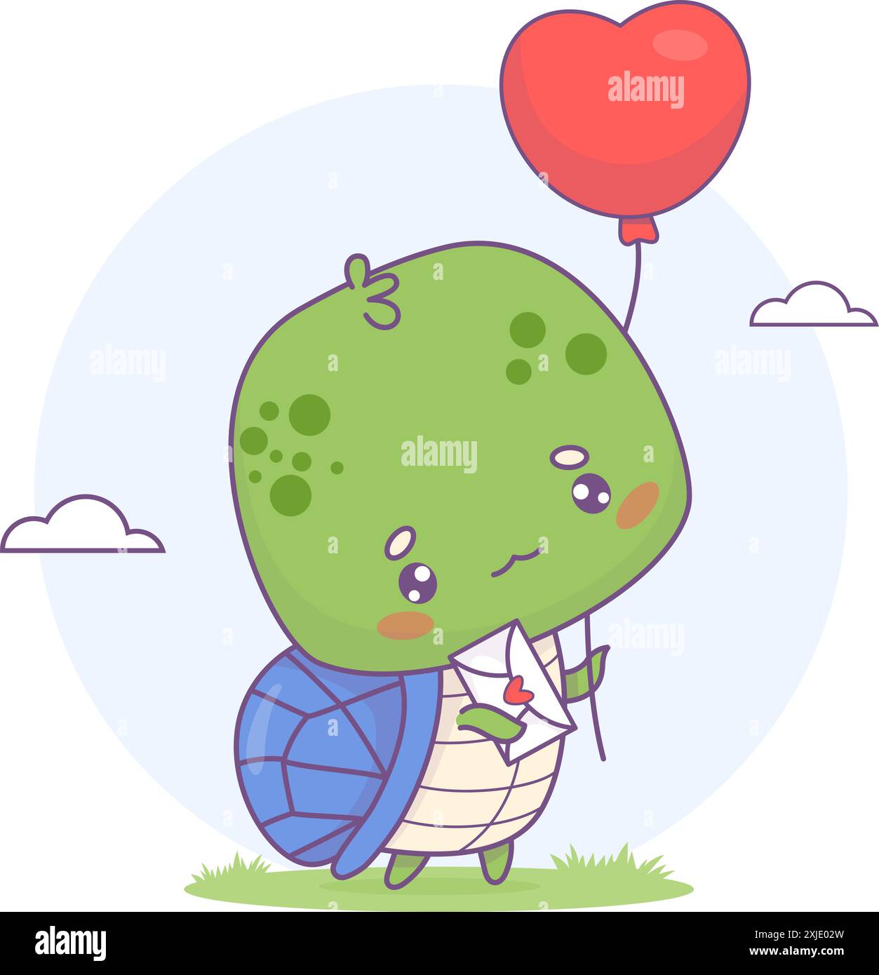 Niedliche Schildkröte mit Buchstaben und Ballon. Lustiges Cartoon-Kawaii-Charaktertier. Vektorabbildung. Kinderkollektion Stock Vektor