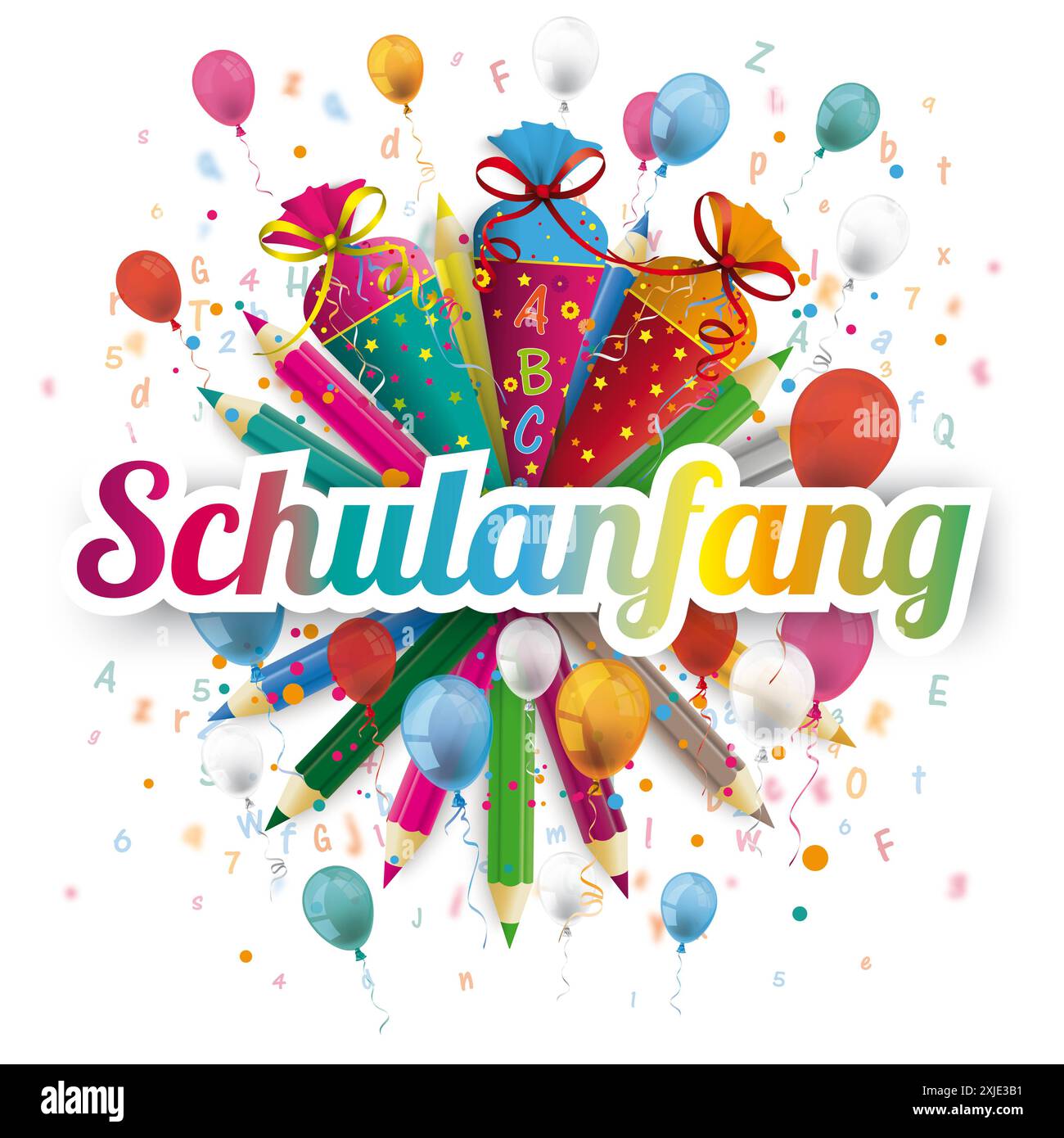 Schulanfang Candy Kegel Ballons Briefe Bleistifte deutscher Text Schulanfang, übersetzt zurück zur Schule. Stockfoto