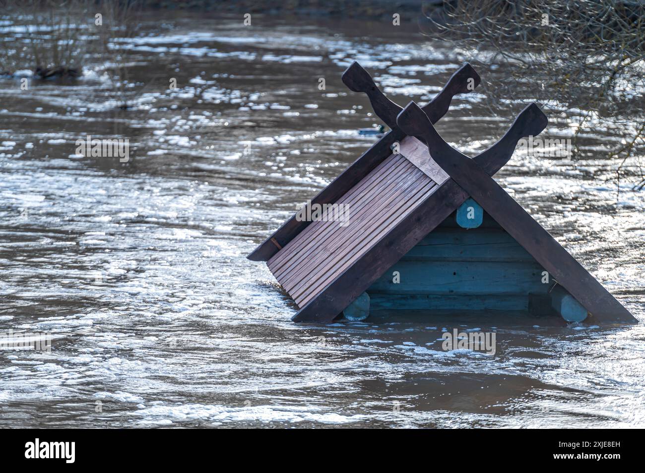 Auf das Dach eines Vogelhauses überflutet im Frühjahr Überschwemmungen - ein Futterhäuschen auf dem Fluss Berze in Dobele, Lettland Stockfoto