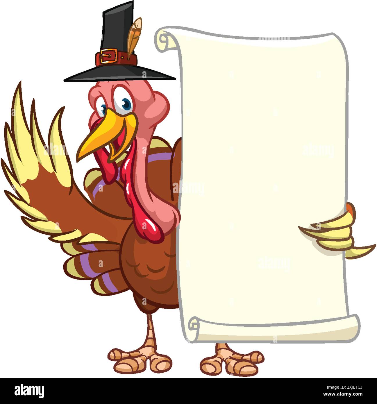 Cartoon Thanksgiving truthahn Vogel mit leerer Scroll mit leerem Platz für Text oder Menü. Vektorabbildung. Designelement für Banner, Postkarte, Poster Stock Vektor