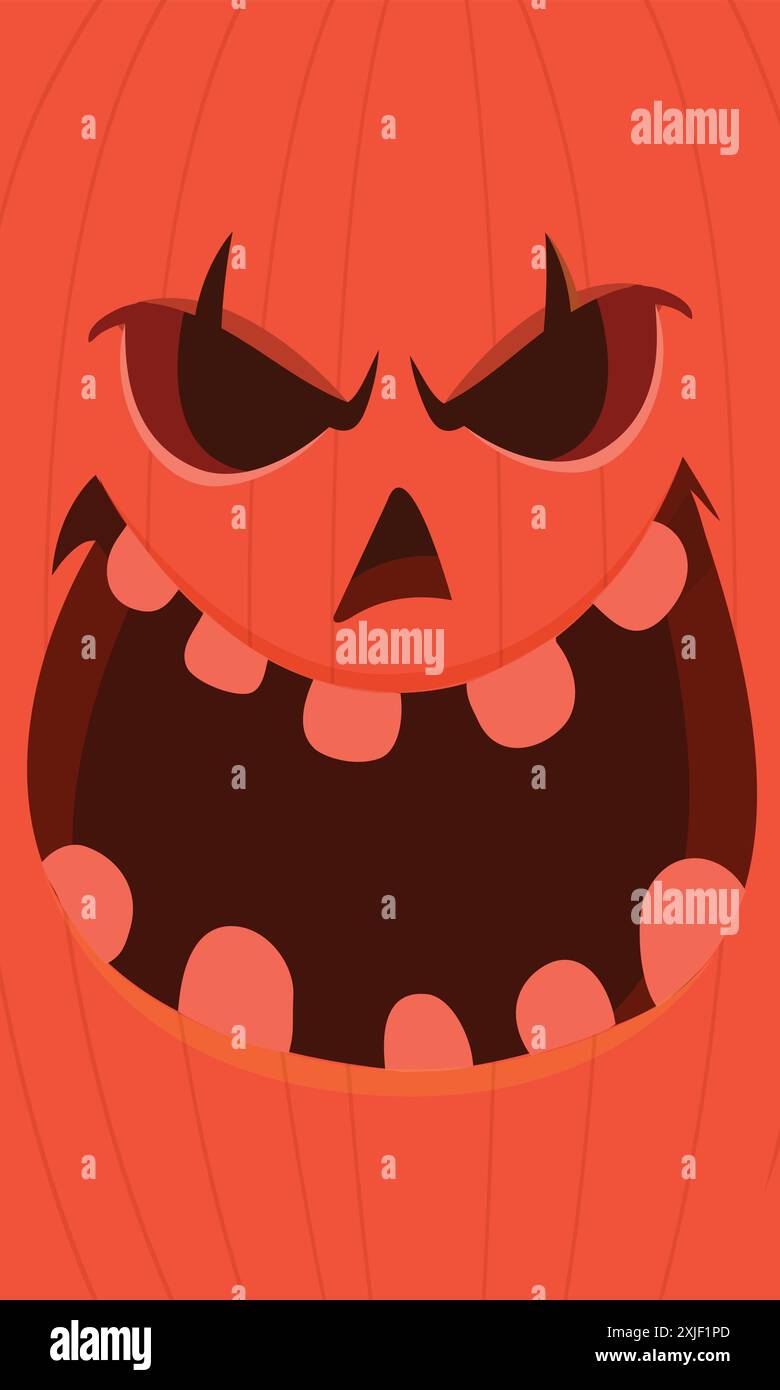 Halloween Kürbiskopf mit furchterregendem Gesichtsausdruck. Vektor-Zeichentrickillustration des glühenden Monster-Charakters Jack-o-Laterne mit geschnitzter Emotion Stock Vektor