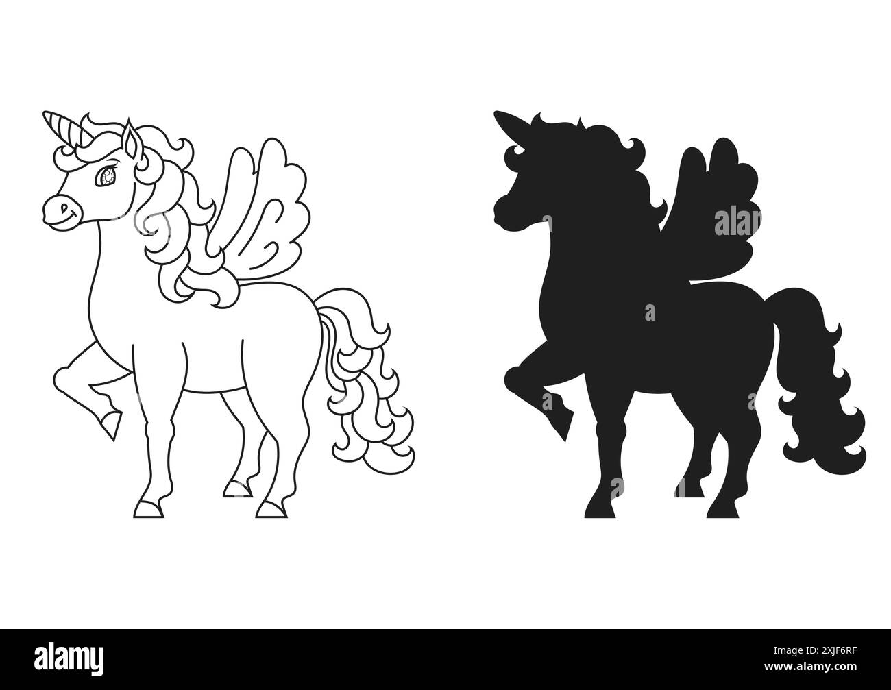 Niedliches Einhorn mit Flügeln. Schwarze Silhouette. Magisches Feenpferd. Malbuch-Seite für Kinder. Zeichentrickstil. Vektorillustration isoliert auf weißem Backgr Stock Vektor