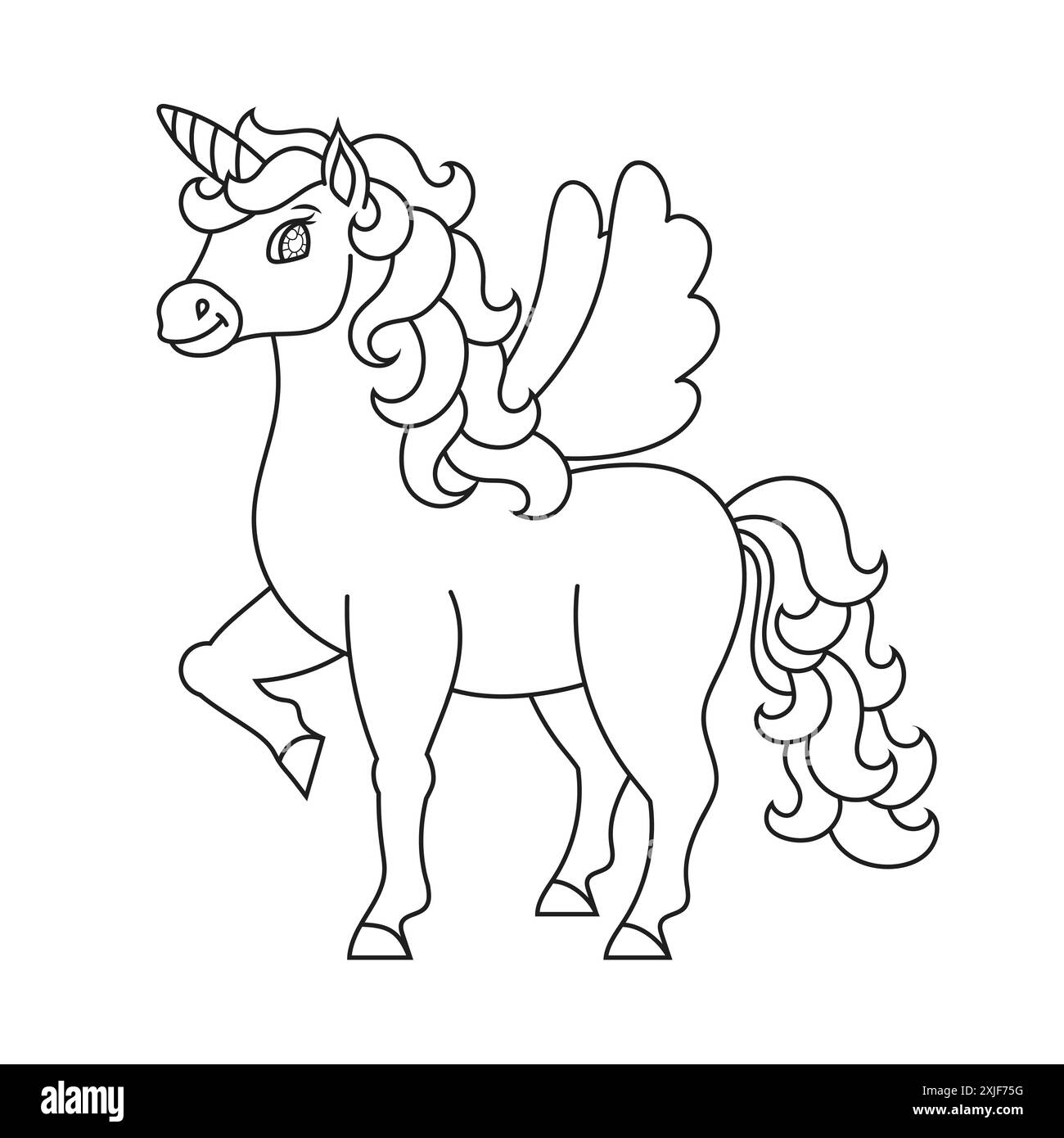 Niedliches Einhorn mit Flügeln. Magisches Feenpferd. Malbuch-Seite für Kinder. Zeichentrickstil. Vektorillustration isoliert auf weißem Hintergrund. Stock Vektor