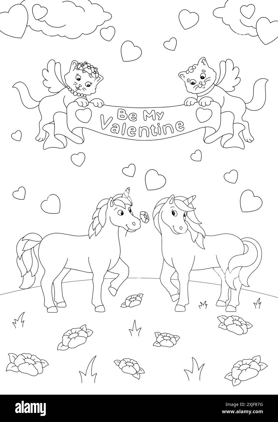 Verliebte Einhörner und Katzen mit Flügeln. Malbuch-Seite für Kinder. Valentinstag. Figur im Cartoon-Stil. Vektorillustration isoliert auf weißem Ba Stock Vektor