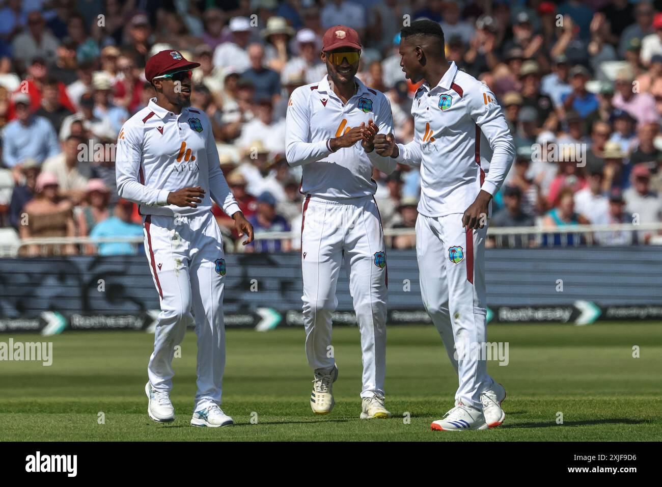 Nottingham, Großbritannien. Juli 2024. Kevin Sinclair von West Indies feiert den Wicket von Harry Brook von England während des 2. Rothesay Test Match England vs West Indies in Trent Bridge, Nottingham, Vereinigtes Königreich, 18. Juli 2024 (Foto: Mark Cosgrove/News Images) in Nottingham, Vereinigtes Königreich am 18. Juli 2024. (Foto: Mark Cosgrove/News Images/SIPA USA) Credit: SIPA USA/Alamy Live News Stockfoto