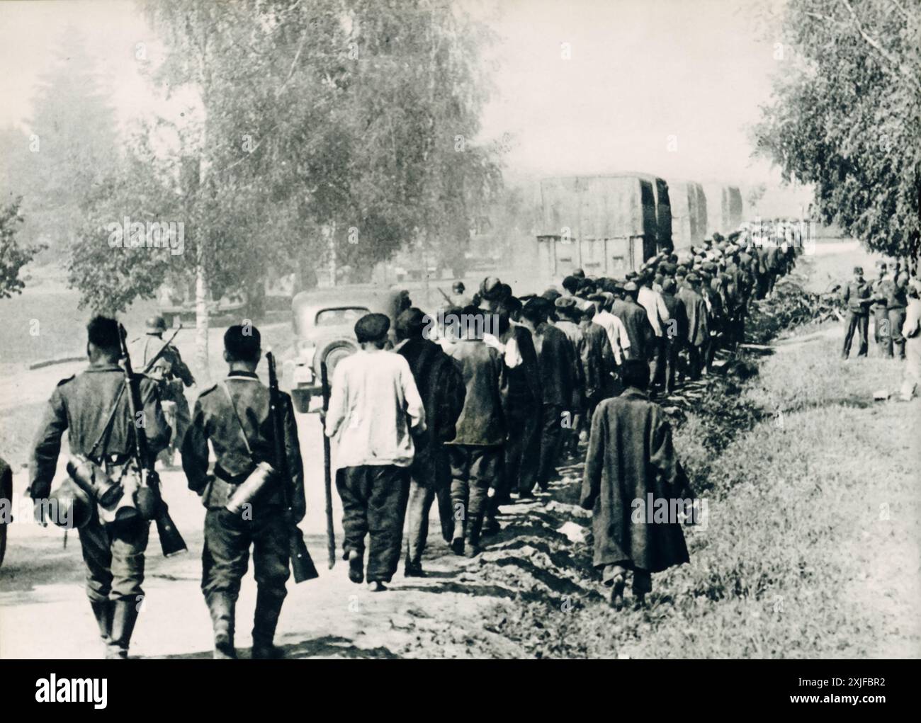 Ein Foto zeigt Hunderte sowjetischer Gefangener, darunter auch Mitglieder von Frauenregimentern, die von deutschen Soldaten eine Straße hinuntergetrieben werden. Der deutsche Vormarsch an der Ostfront führte 1941 während der Operation Barbarossa zur umfassenden Eroberung sowjetischer Truppen. Stockfoto