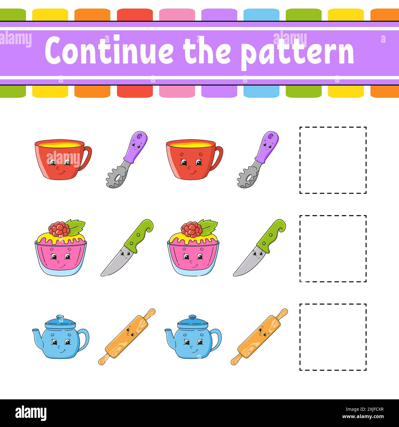 Fahren Sie mit dem Muster fort. Arbeitsblatt zur Entwicklung von Bildungsmaßnahmen. Spiel für Kinder. Aktivität". Puzzle für Kinder. Rätsel für die Vorschule. Niedlicher Cartoon-Stil. Vec Stock Vektor