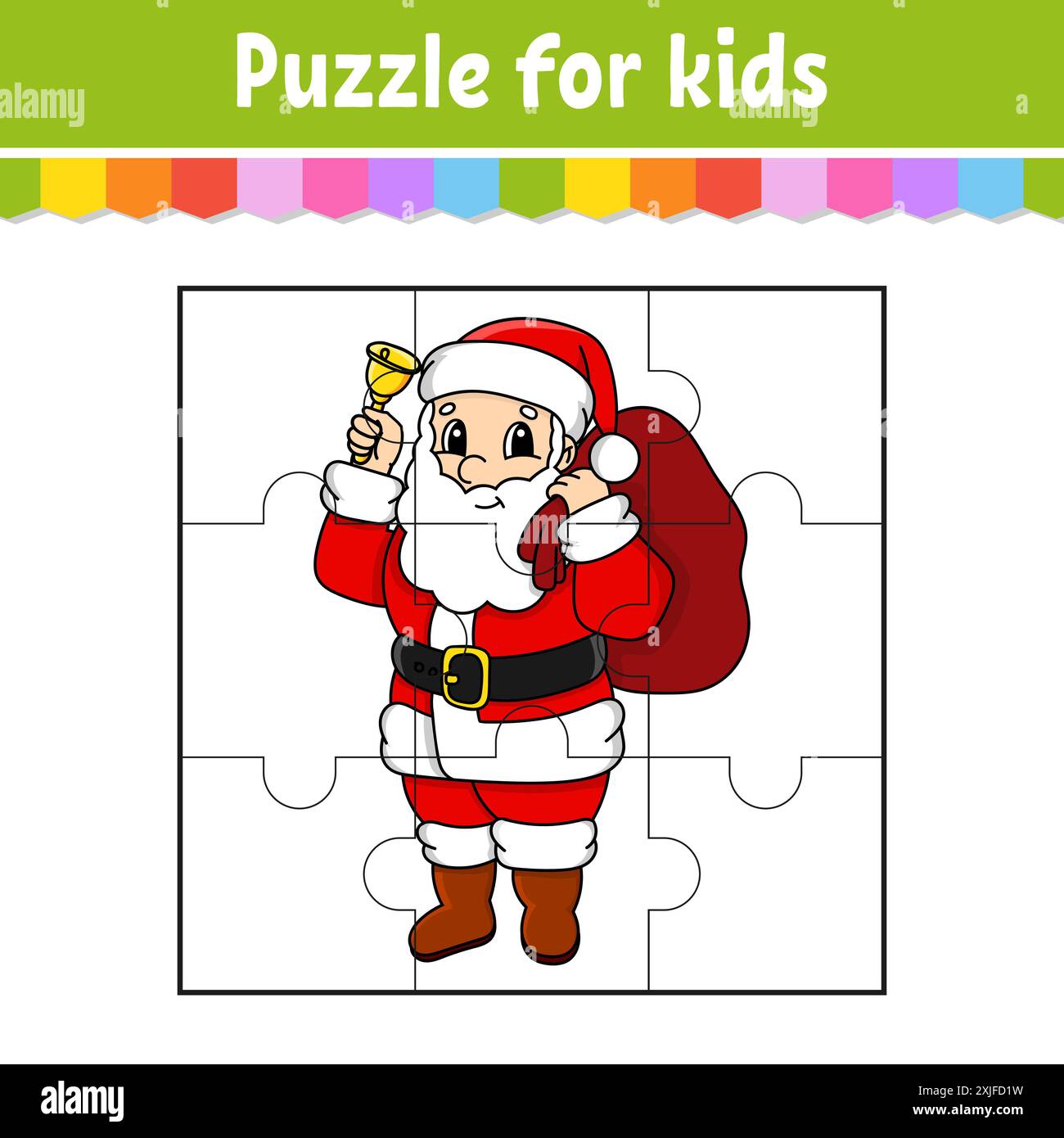 Puzzlespiel für Kinder. Stichsäge. Farbiges Arbeitsblatt. Weihnachtsmotiv. Aktivität". Isolierte Vektordarstellung. Zeichentrickstil. Stock Vektor