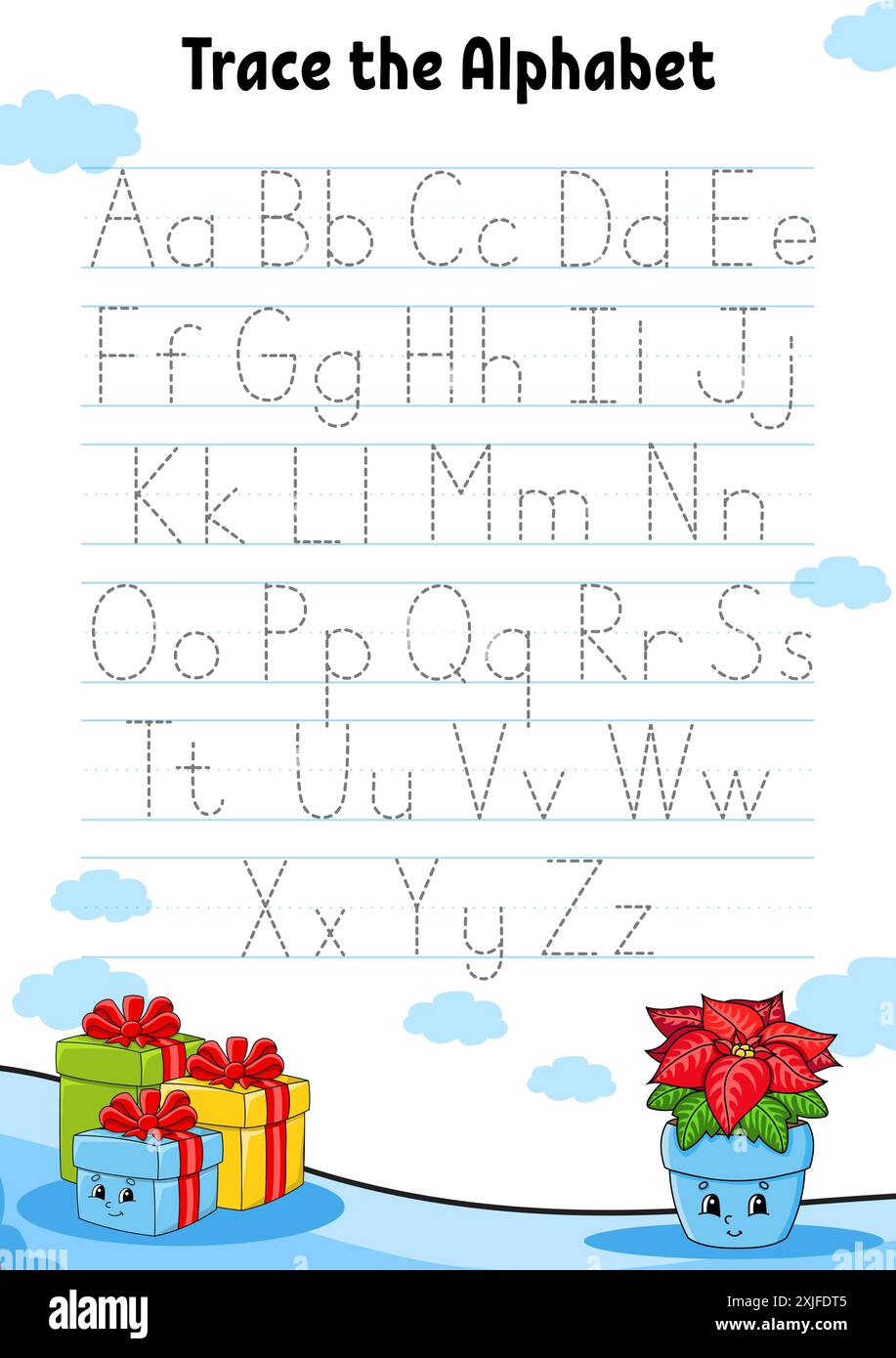 Schreiben von Briefen. Tracing-Seite. Übungsblatt. Arbeitsblatt für Kinder. Alphabet lernen. Niedlicher Charakter. Zeichentrickstil. Vektorabbildung. Stock Vektor