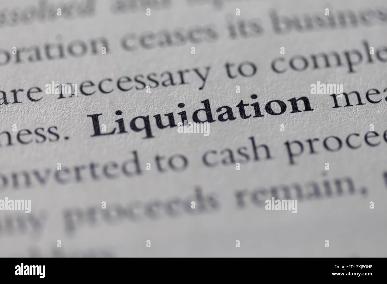 Liquidation im Text auf Seite als visuelle Hilfe oder als Referenz für das Wirtschaftsrecht Stockfoto