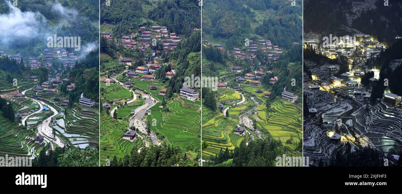 (240718) -- LIUZHOU, 18. Juli 2024 (Xinhua) -- dieses Kombi-Foto von 2021 bis 2024 zeigt die Frühlings-, Sommer-, Herbst- und Winteransicht (von L bis R) des Dorfes Wuying an der Grenze zwischen der südchinesischen Autonomen Region Guangxi Zhuang und der südwestchinesischen Provinz Guizhou. Wuying Village, das sich über eine über 200-jährige Geschichte erstreckt, ist ein Dorf der ethnischen Gruppe der Miao, das sich in den majestätischen Bergen zwischen Guangxi und Guizhou schmiegt. In der Vergangenheit machten die unwegsamen Berge und die zerklüftete Landschaft die Einheimischen extrem Arm. In den letzten Jahren hat Wuying Village ef gemacht Stockfoto