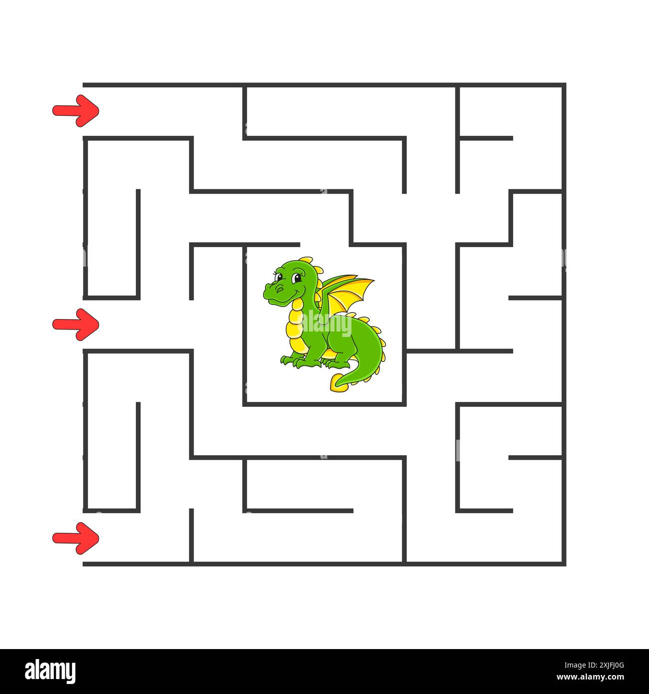 Quadratisches Labyrinth. Spiel für Kinder. Puzzle für Kinder. Zeichentrickfigur. Labyrinthkonundrum. Finden Sie den richtigen Weg. Die Entwicklung des logischen und räumlichen t Stock Vektor