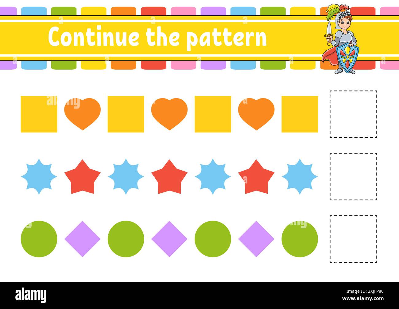 Fahren Sie mit dem Muster fort. Arbeitsblatt zur Entwicklung von Bildungsmaßnahmen. Spiel für Kinder. Aktivität". Puzzle für Kinder. Rätsel für die Vorschule. Niedlicher Cartoon-Stil. Vec Stock Vektor