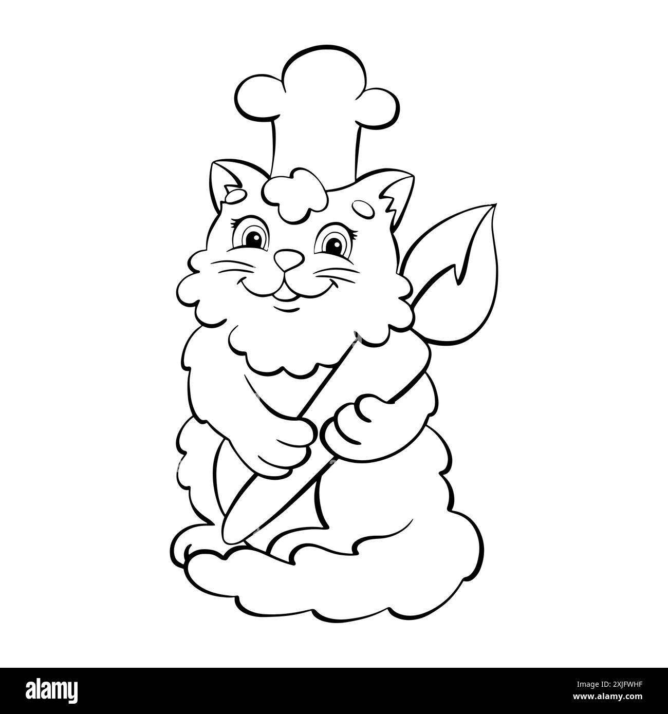 Flauschiger Katzenkünstler kocht mit einem Pinsel in den Pfoten. Ausmalseite für Kinder. Digitaler Stempel. Figur im Cartoon-Stil. Vektorillustration isoliert auf weiß Stock Vektor