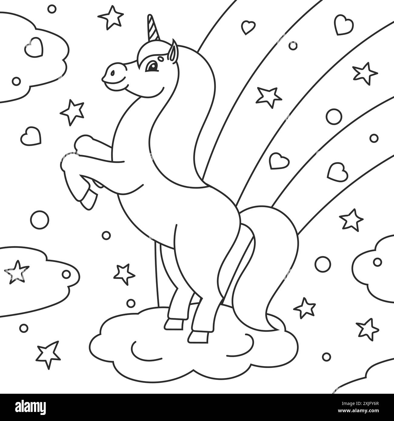 Malbuch für Kinder. Das magische Einhorn hat sich aufgezogen. Das Tierpferd steht auf seinen Hinterbeinen. Zeichentrickstil. Einfache Illustration des flachen Vektors. Stock Vektor