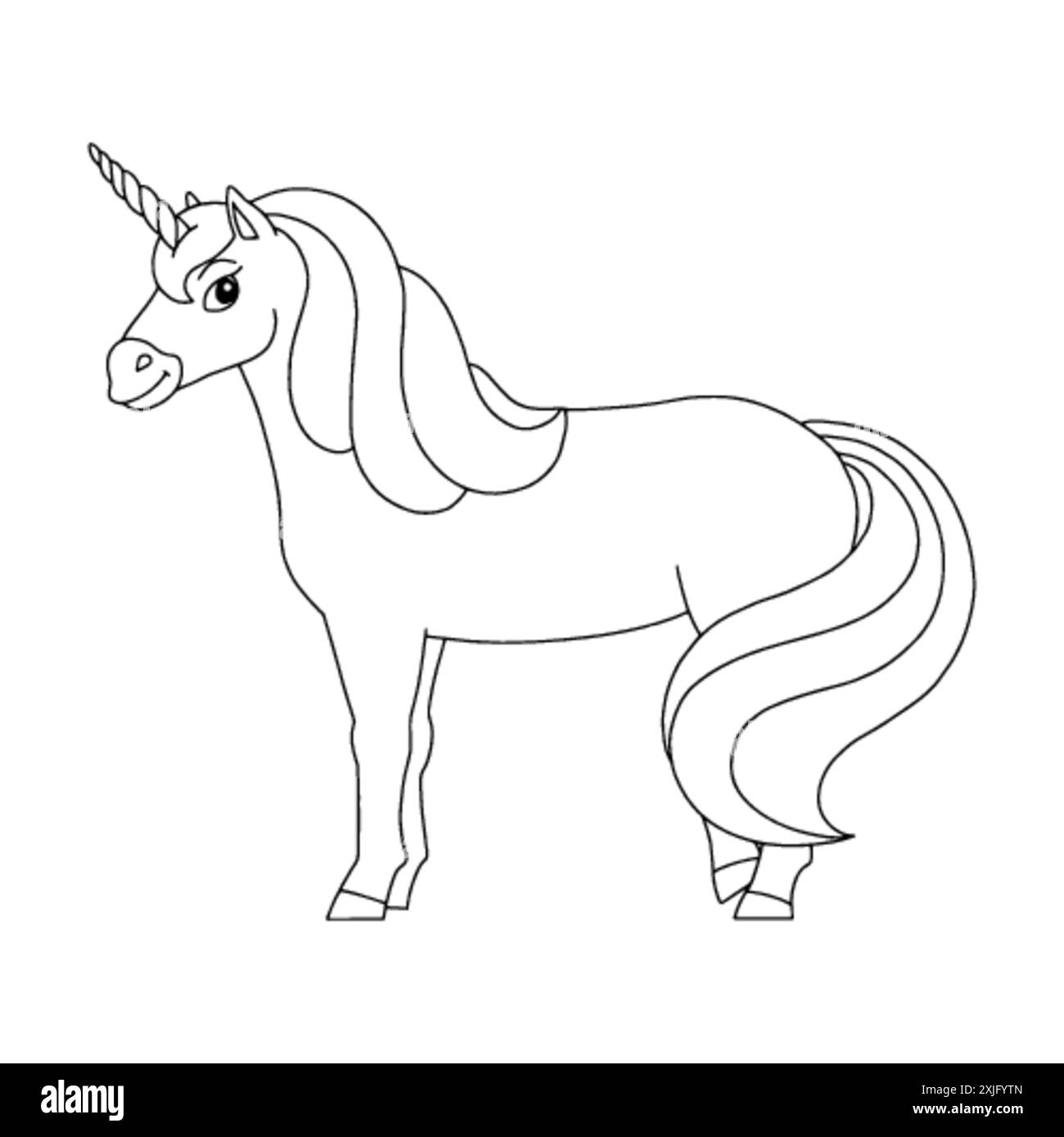 Niedliches Einhorn. Magisches Feenpferd. Malbuch Seite für Kinder. Cartoon-Stil. Vektordarstellung auf weißem Hintergrund isoliert. Stock Vektor