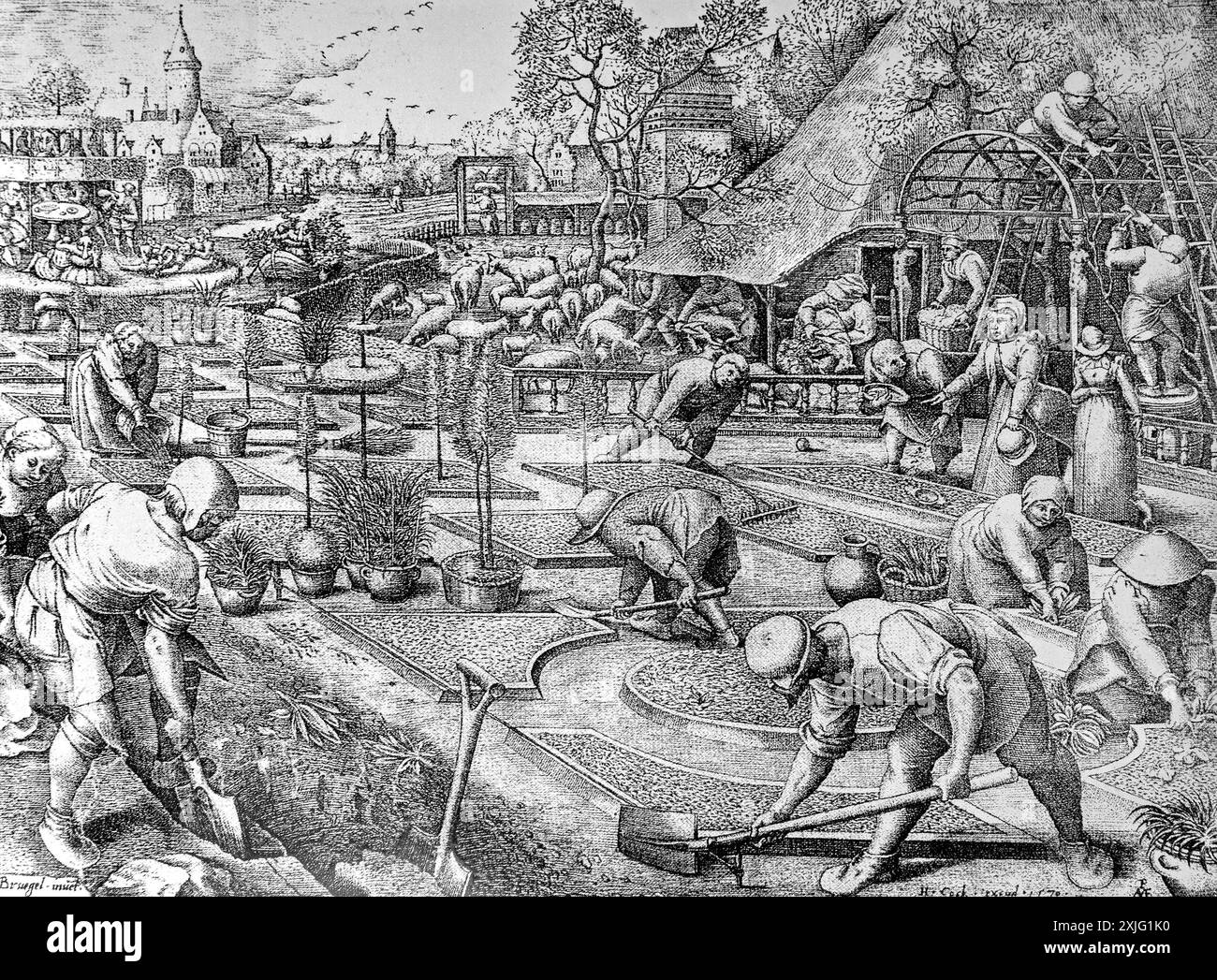 Gravur Spring / de Lente von Pieter Bruegel dem Älteren von Pieter Van der Heyden, die mittelalterliche Bauern und Gärtner im Gemüsegarten zeigen Stockfoto