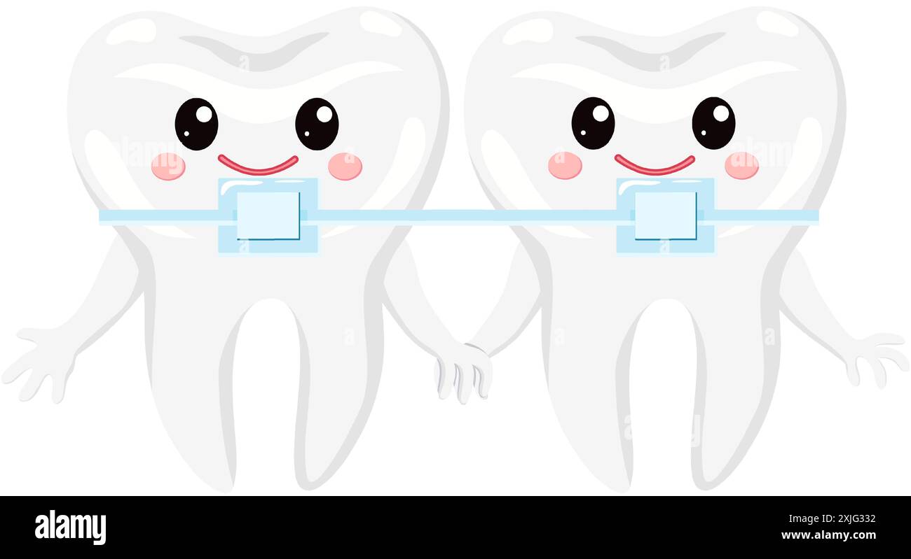 Zwei Zeichentrickzähne mit Zahnspangen für die Kinderzahnheilkunde. Das Glätten von schiefen Zähnen. Stock Vektor