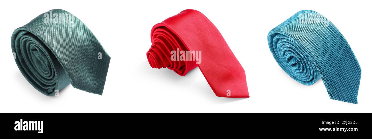 Viele verschiedene Kabelbinder isoliert auf weiß, Set Stockfoto