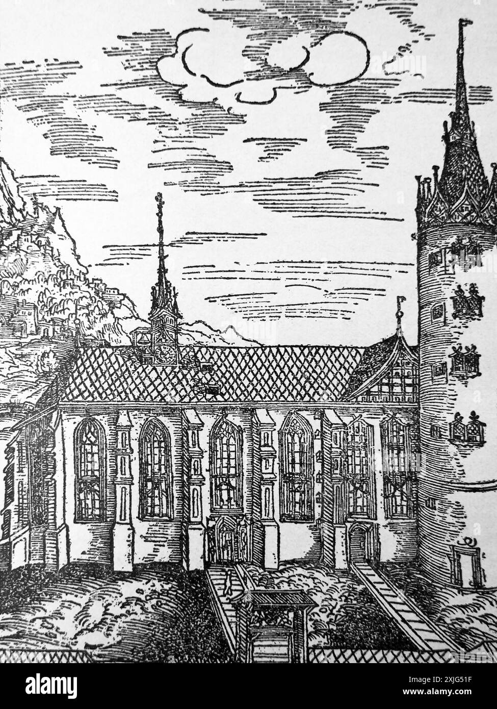 Die Schlosskirche (aus dem Wittenberger Reliquienbuch 1509; der Hügel im Hintergrund ist eine Ergänzung des Künstlers) soll hier Martin Luther Na sein Stockfoto