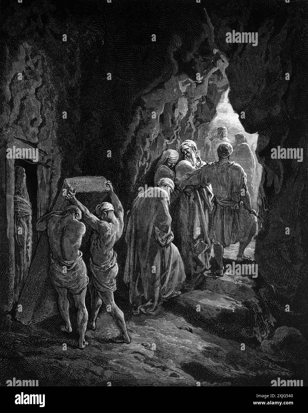 Holzgravierung des Grabes von Sarah, das in einer Höhle im Feld von Machpela (Höhle der Patriarchen) begraben wurde, die Abraham das Land von Ephron kaufte Stockfoto