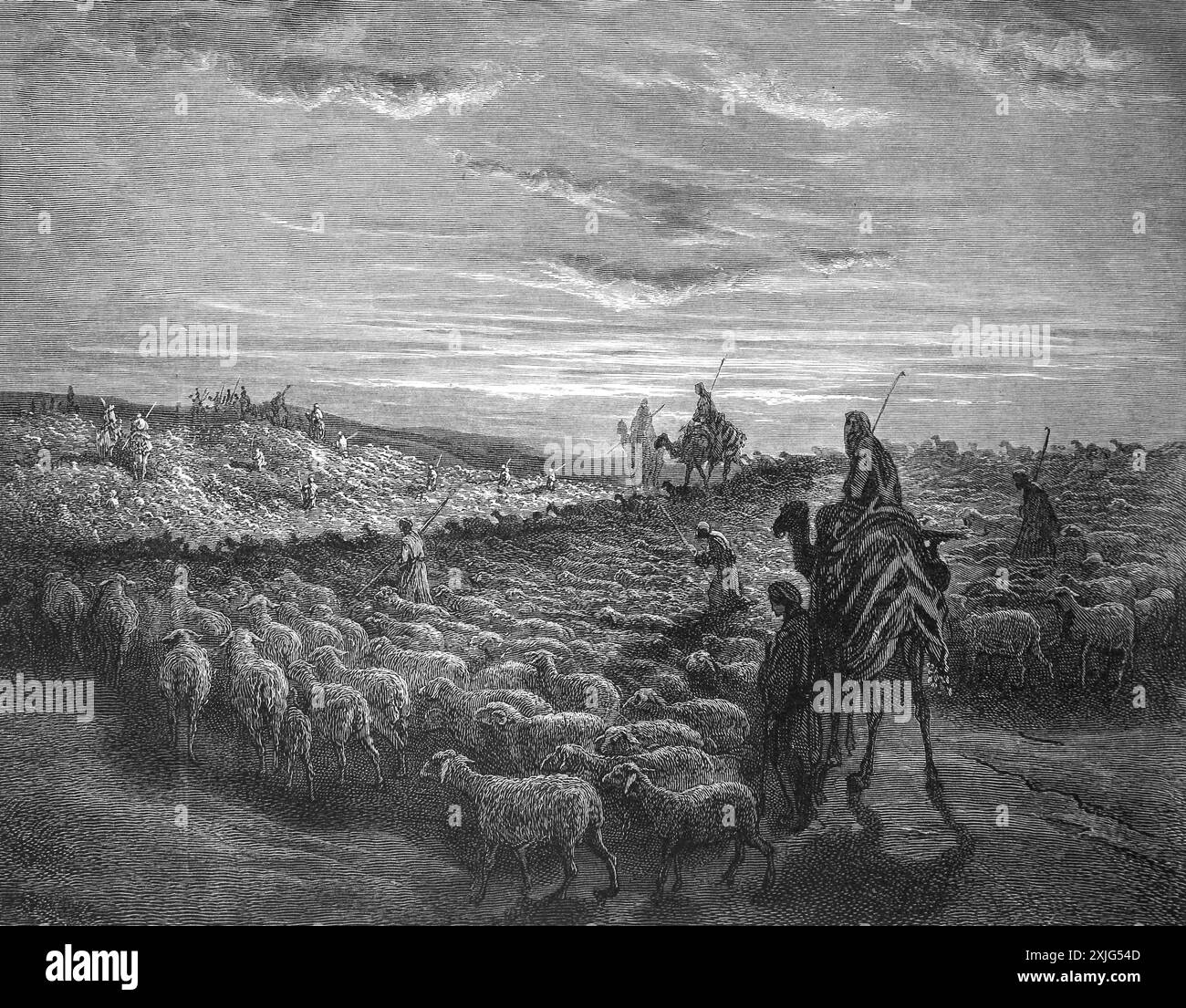 Holzgravierung von Abraham, der mit seiner Frau Sarah und seinem Neffen Lot ins Land Kanaan reiste, der Schafherden und Zelte hatte 1. Mose 13:1-4 Stockfoto