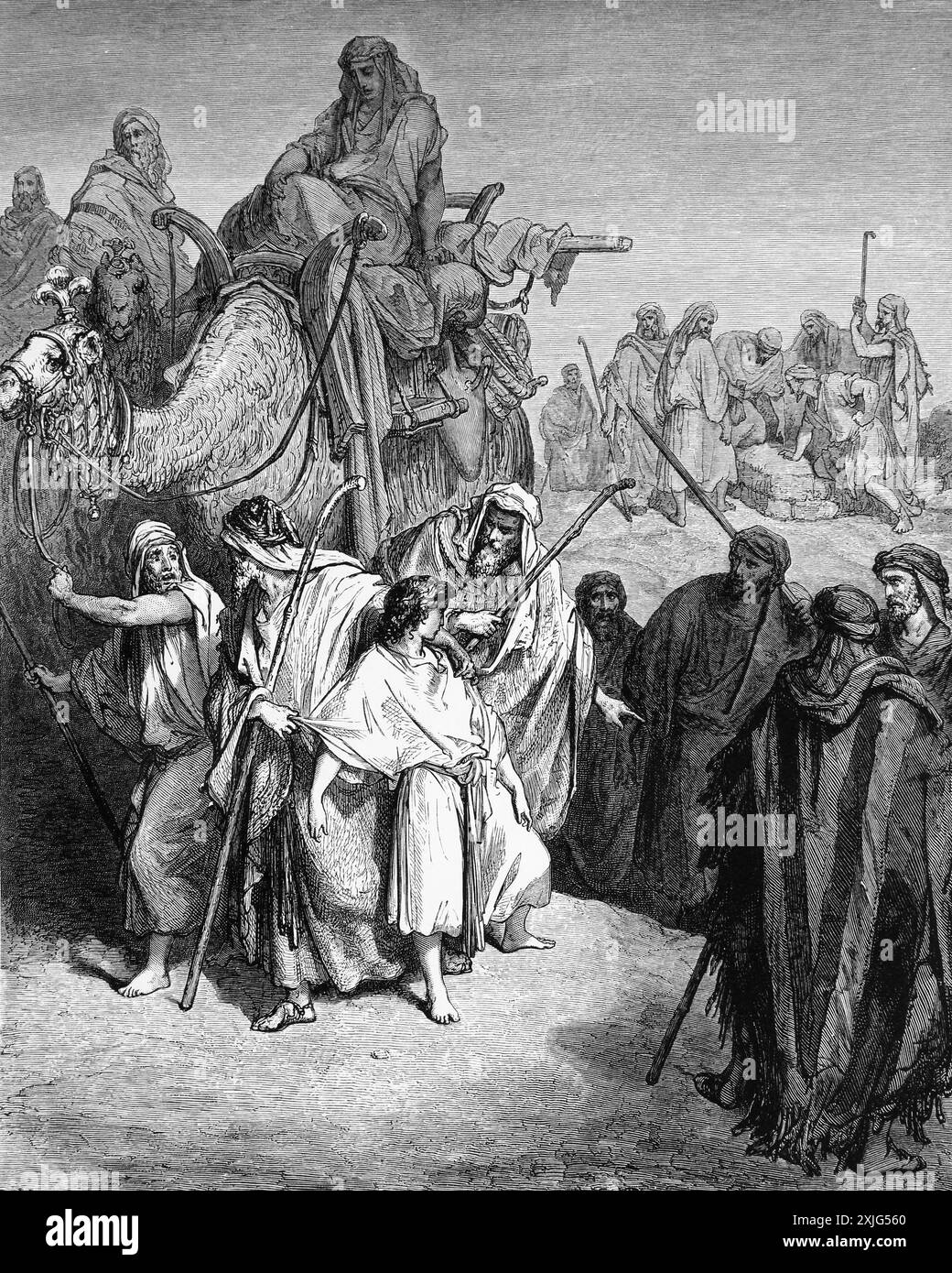 Holzstiche von Joseph verkauft von seinen Brüdern Genesis 37:28 von Gustave Dore aus der antiken Bibel des 19. Jahrhunderts Stockfoto