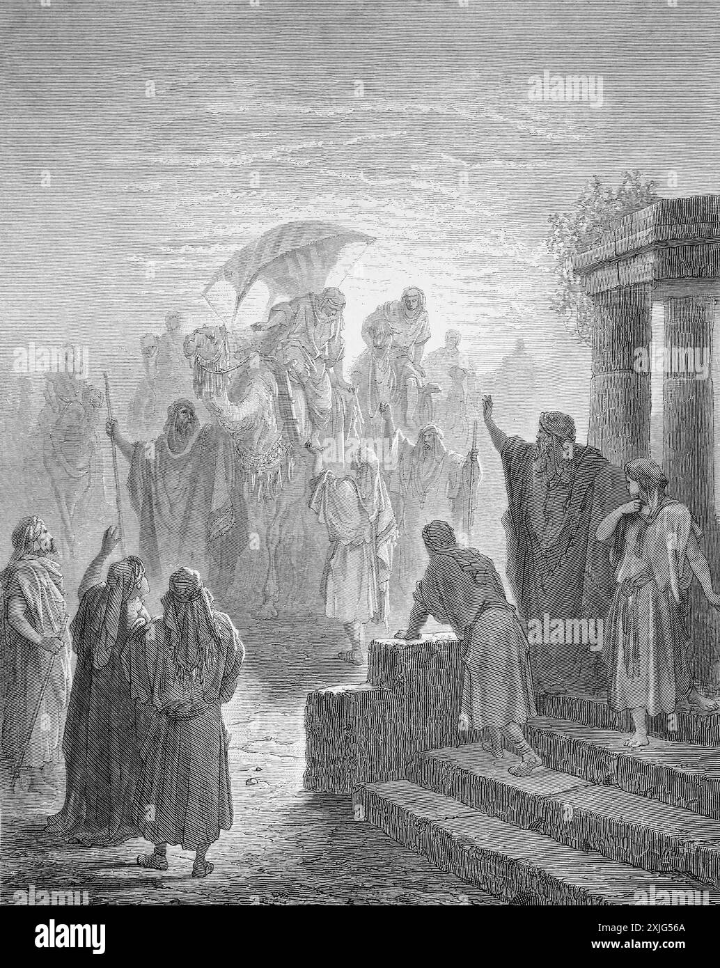 Holzgravierung der Begegnung von Isaak und Rebecca 1. Mose 24:65-67 von Gustave Dore aus der antiken Bibel des 19. Jahrhunderts Stockfoto