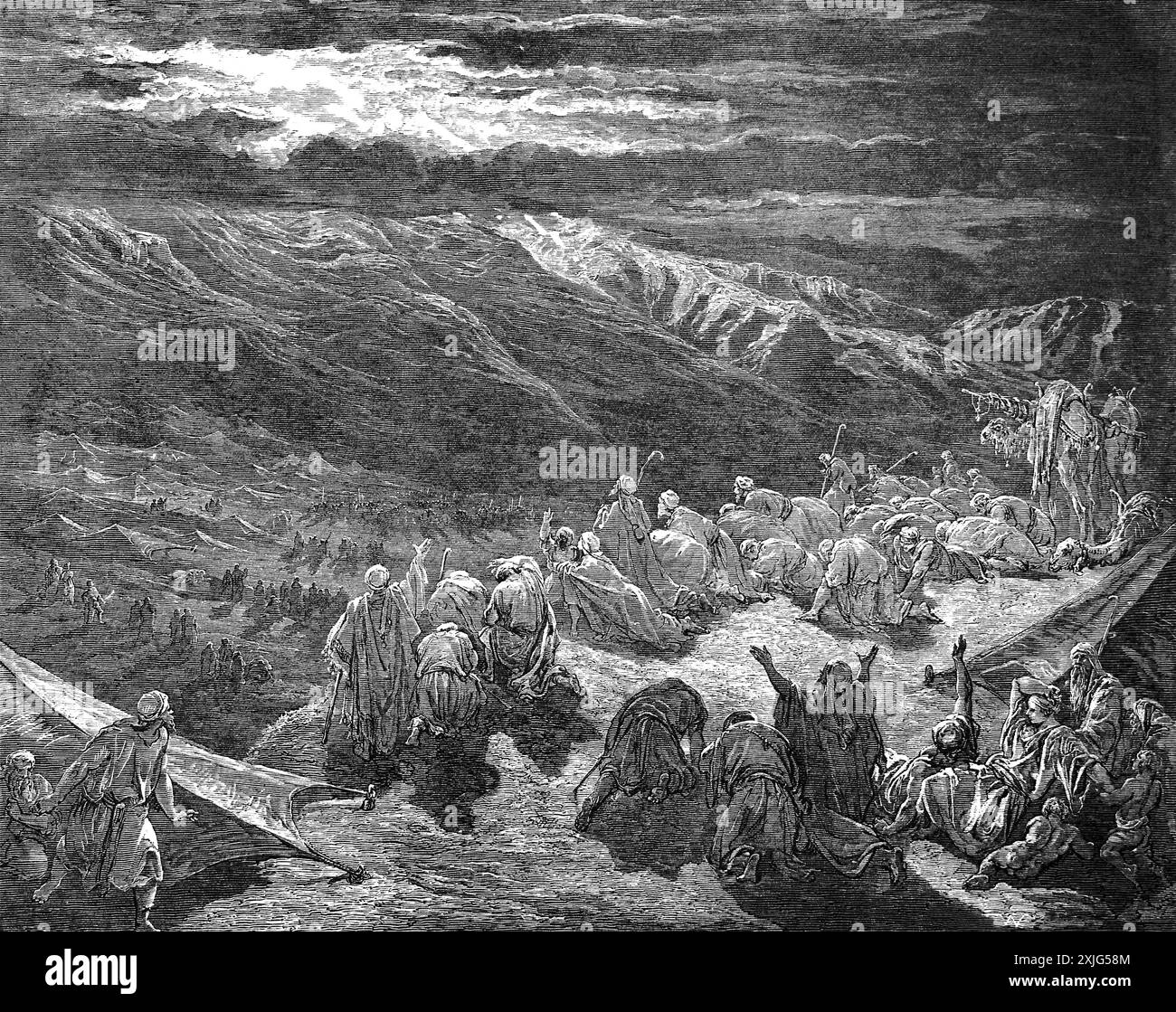 Holzgravierung des Gebens des Gesetzes über den Berg Sinai Exodus 19:18 von Gustave Dore in der antiken Bibel des 19. Jahrhunderts Stockfoto