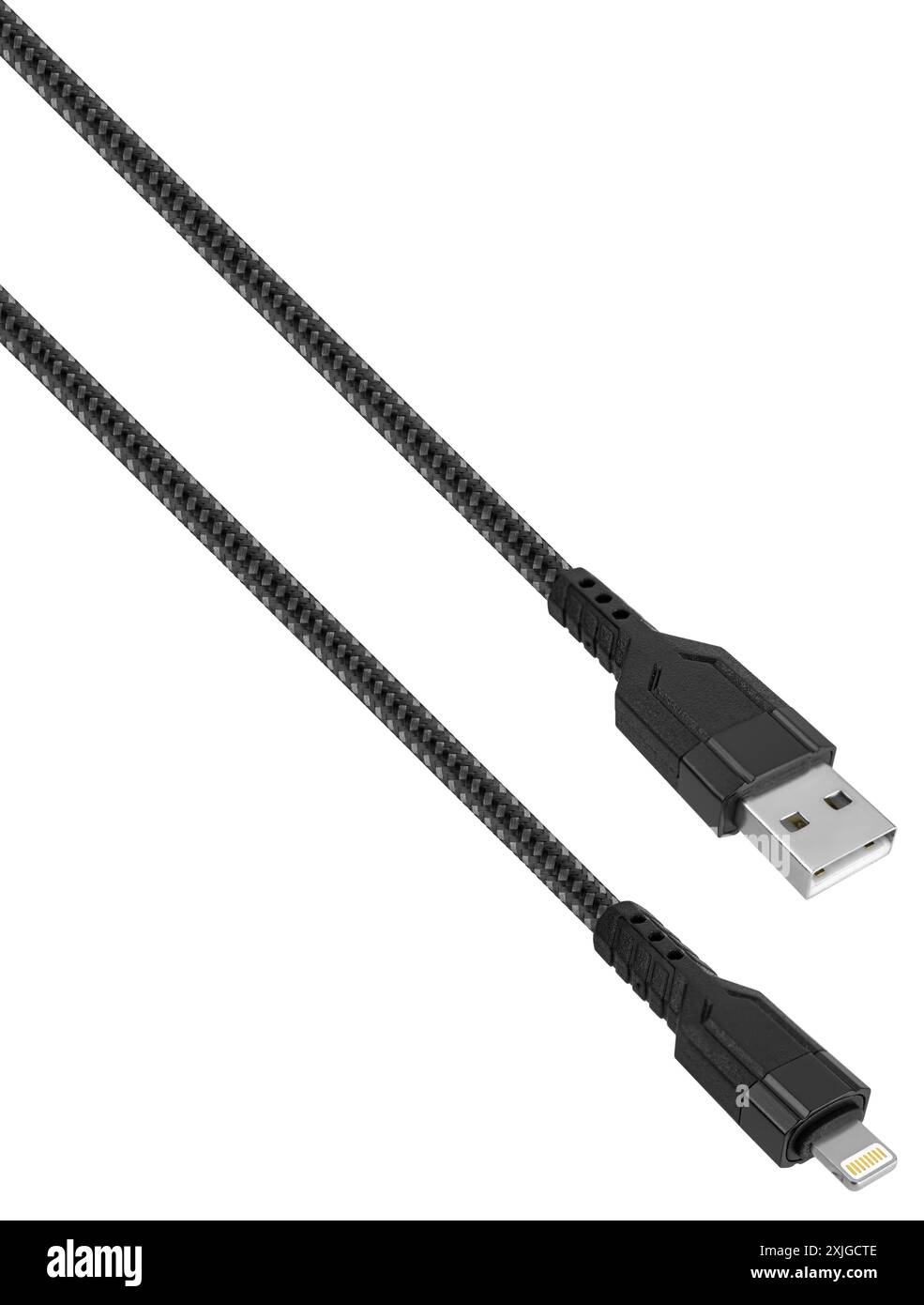 Kabel mit Lightning und USB-Anschluss auf weißem Hintergrund in Isolierung Stockfoto