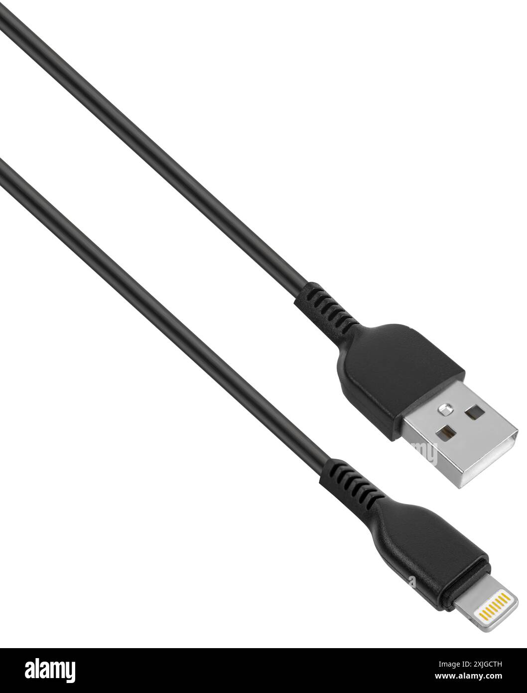 Kabel mit Lightning und USB-Anschluss auf weißem Hintergrund in Isolierung Stockfoto