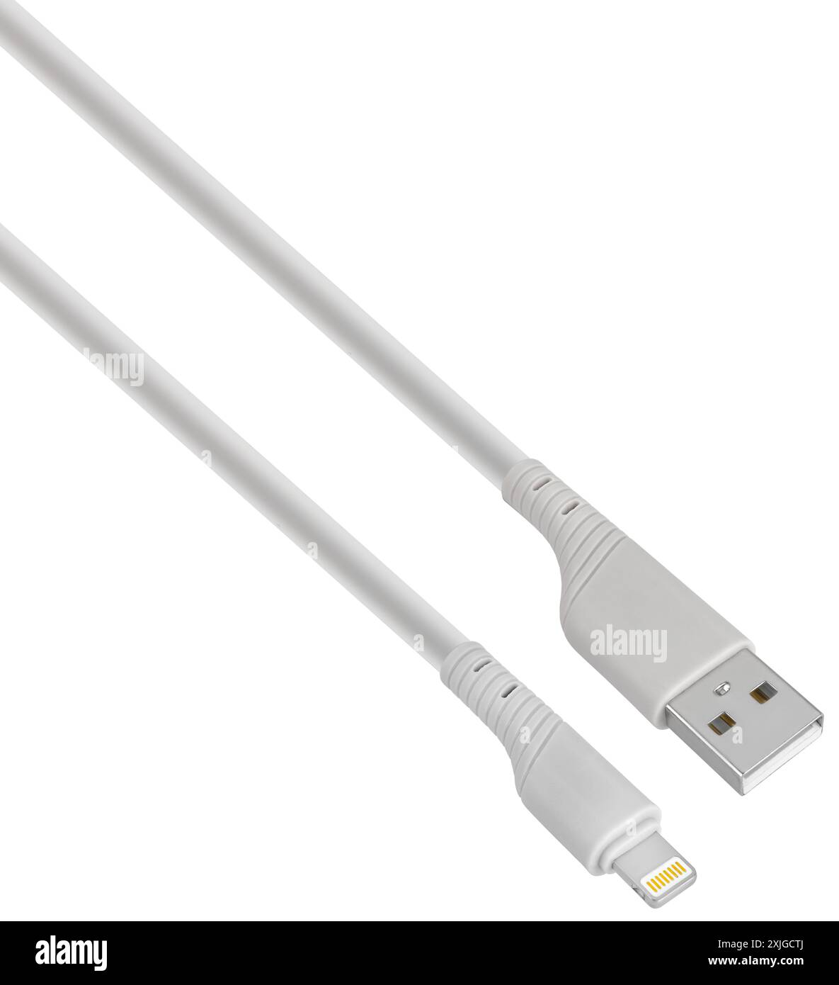 Kabel mit Lightning und USB-Anschluss auf weißem Hintergrund in Isolierung Stockfoto